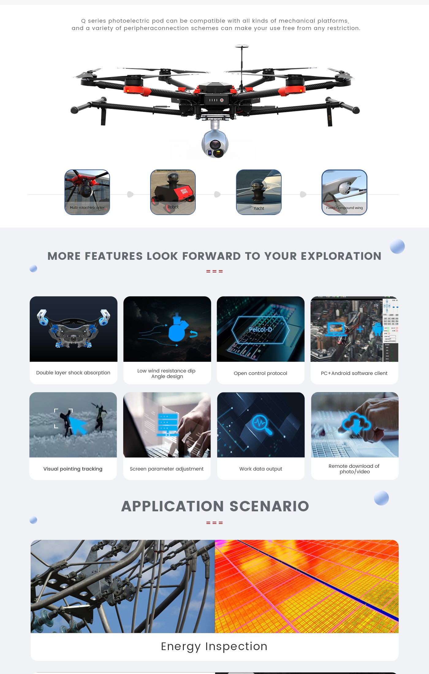 303_06 The Zingto INYYO Q303 drone camera gimbal offers unrestricted use with various platforms and peripherals.