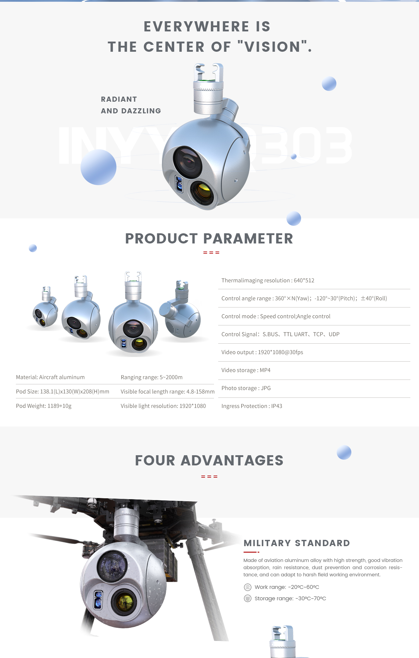 303_02 The Zingto INYYO Q303 Drone Camera Gimbal features thermal imaging, adjustable angles, and supports various signal protocols.