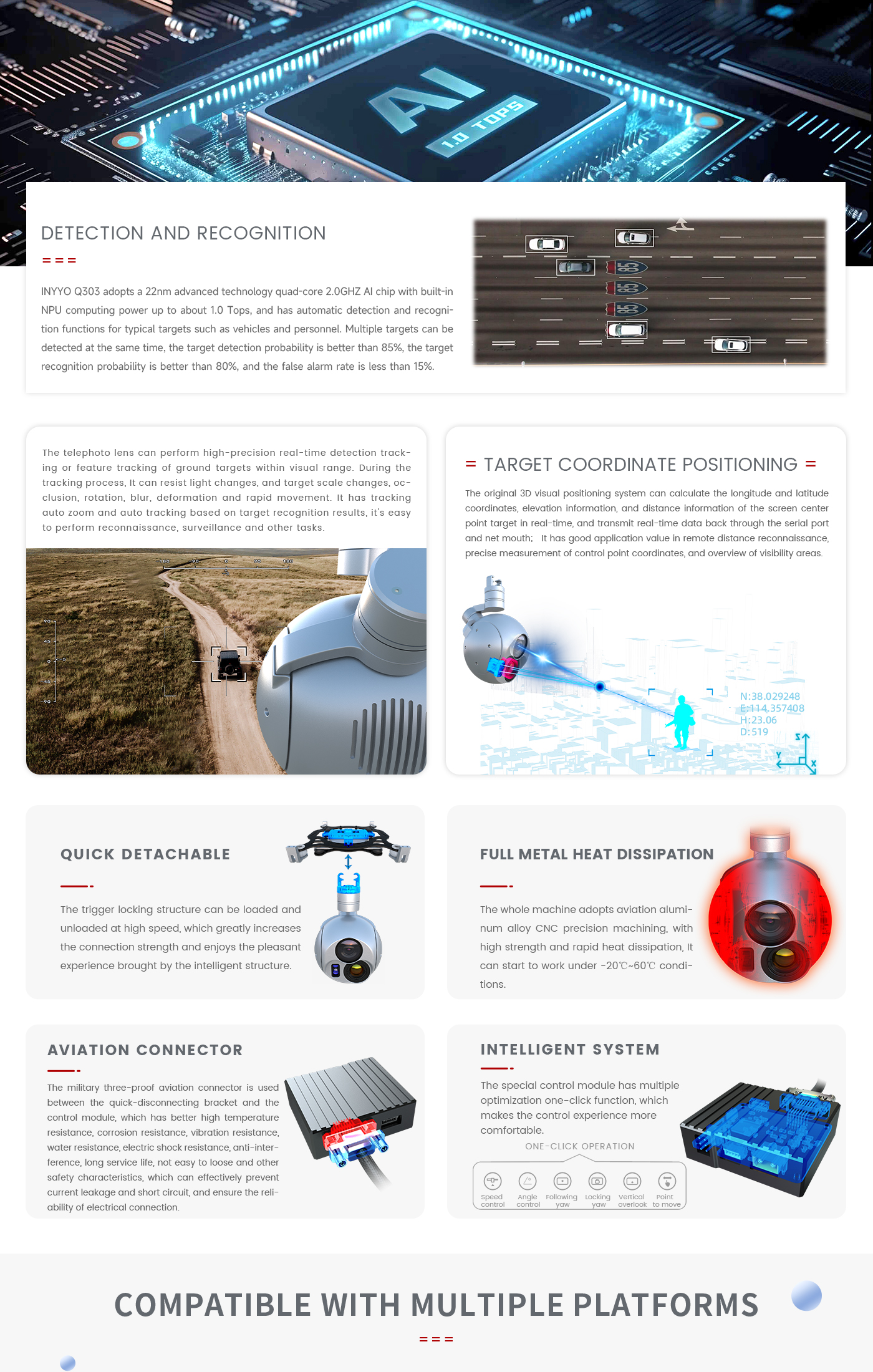 303_05 The ZINGTO INYYO Q303 drone camera gimbal features a quad-core chip with NPU computing power for target detection and recognition.