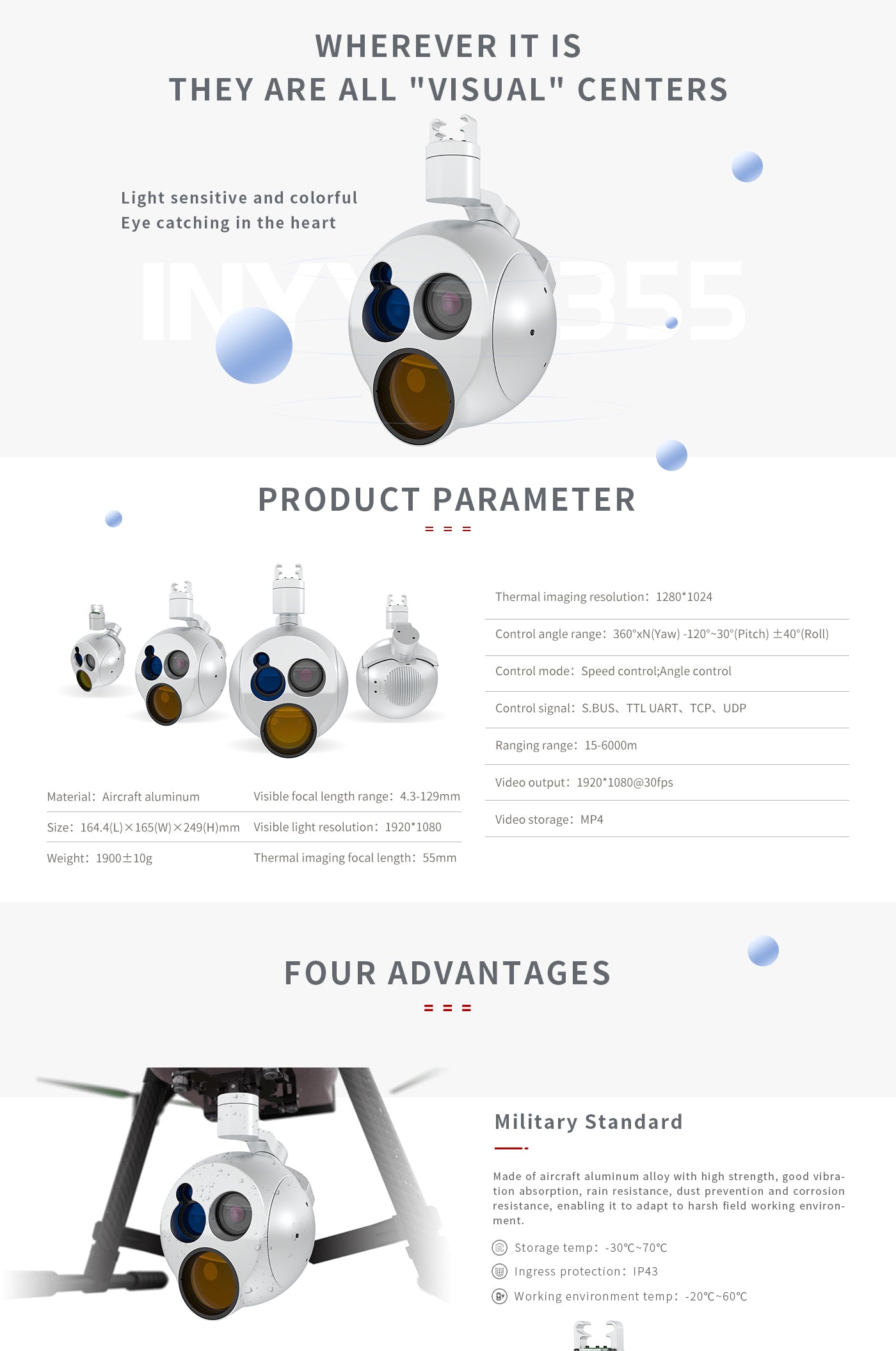 2 The ZINGTO INYYO Q355 Drone Camera Gimbal features visual centers with light sensitivity and colorful design, with key specs including thermal imaging resolution.