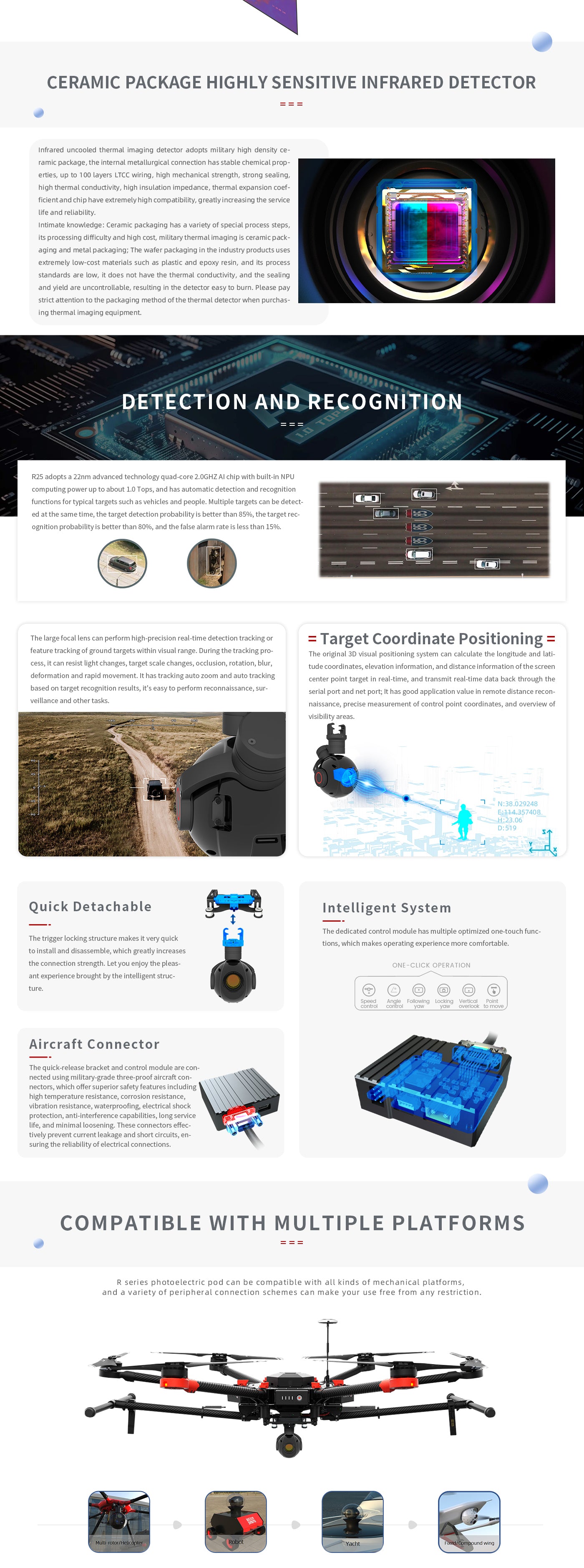 The Zingto INYYO R25 Gimbal has a highly sensitive infrared detector with military-grade ceramic package, providing stable chemical properties and strong sealing.