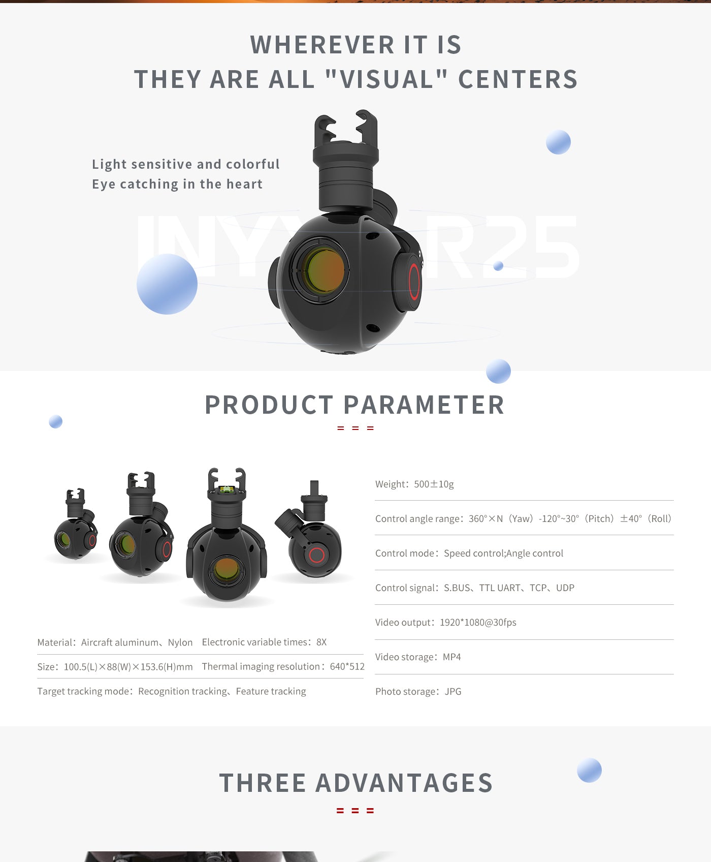 Zingto INYYO R25 Gimbal, Aircraft product with visual light-sensitive and colorful features, including control modes, video output, material, and thermal imaging resolution.