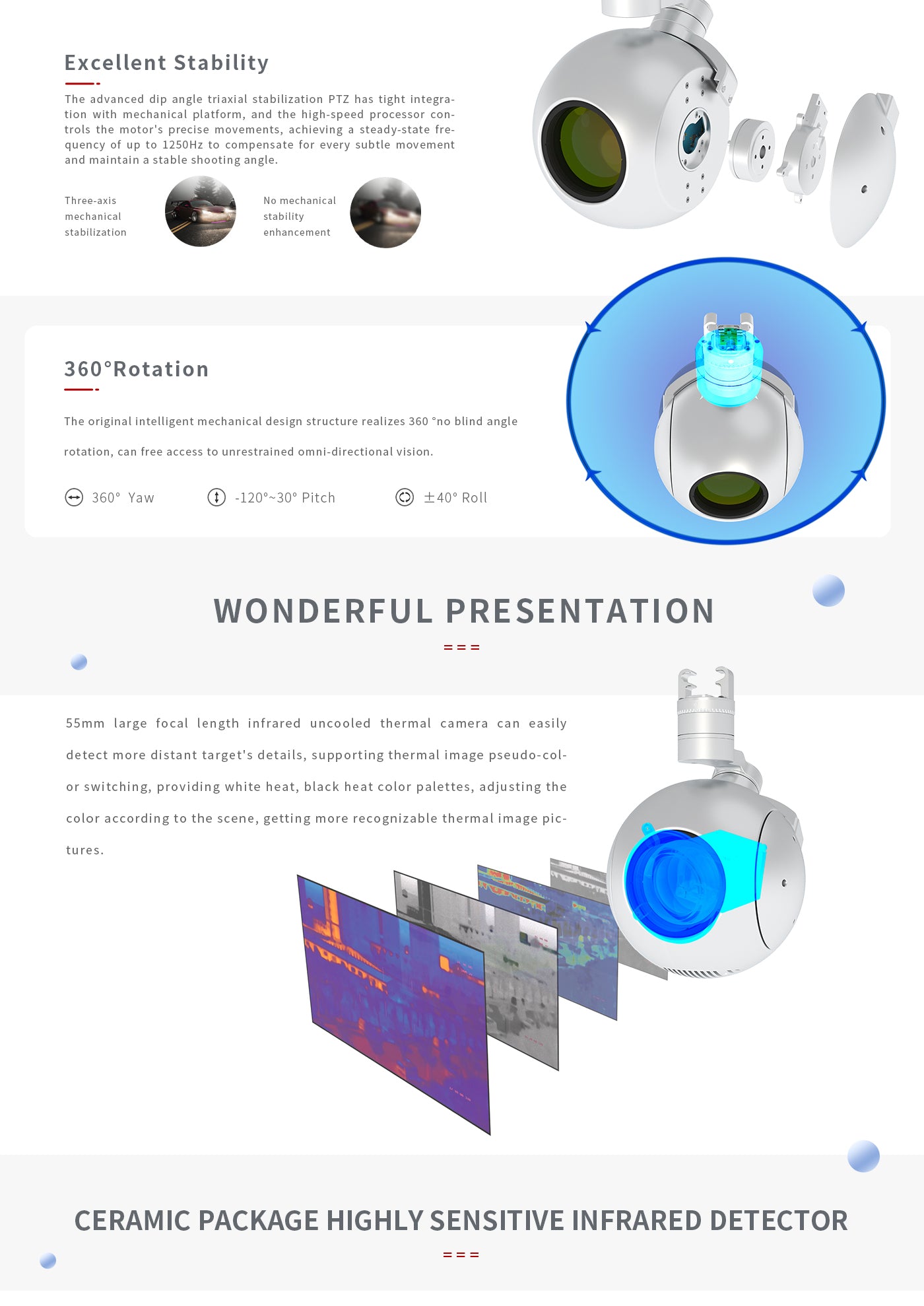 r55pro (3) Zingto INYYO R55 Pro Drone Camera Gimbal, The advanced PTZ camera features tight integration with a mechanical platform for precise movements, achieving up to 1250Hz stabilization.