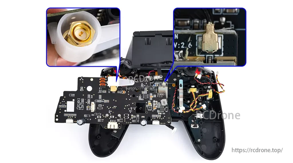 Zorro radio controller opened to show the internal threaded RF antenna connector installation points