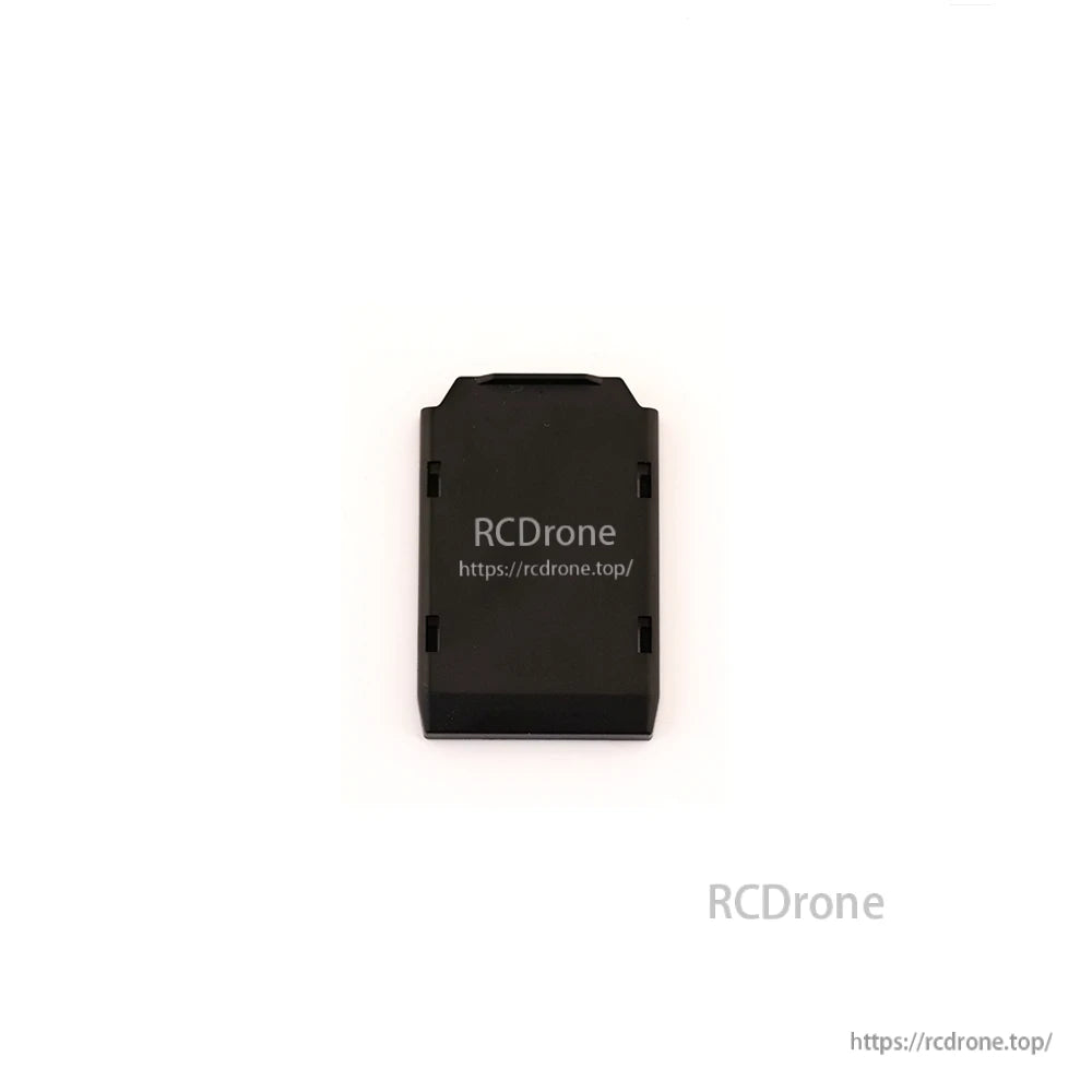 Back view of black module bay cover showing RCDrone logo and website text