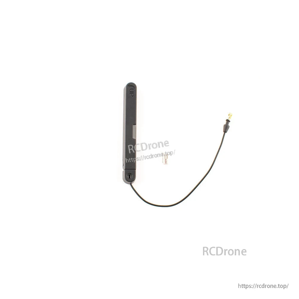 Black stick antenna with coax pigtail, U.FL-style connector, and small white mounting clip included