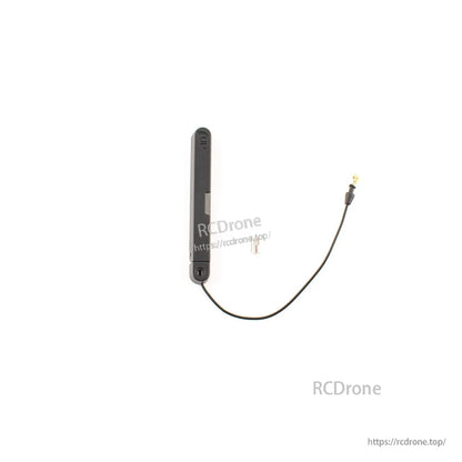 Black stick antenna with coax pigtail, U.FL-style connector, and small white mounting clip included