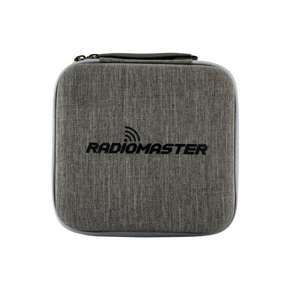 RadioMaster Zorro carry case, gray zippered hard shell with RadioMaster logo, front view