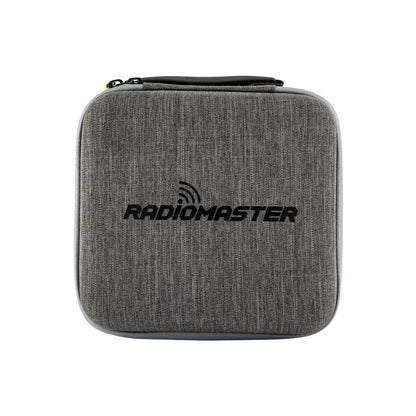 RadioMaster Zorro carry case, gray zippered hard shell with RadioMaster logo, front view