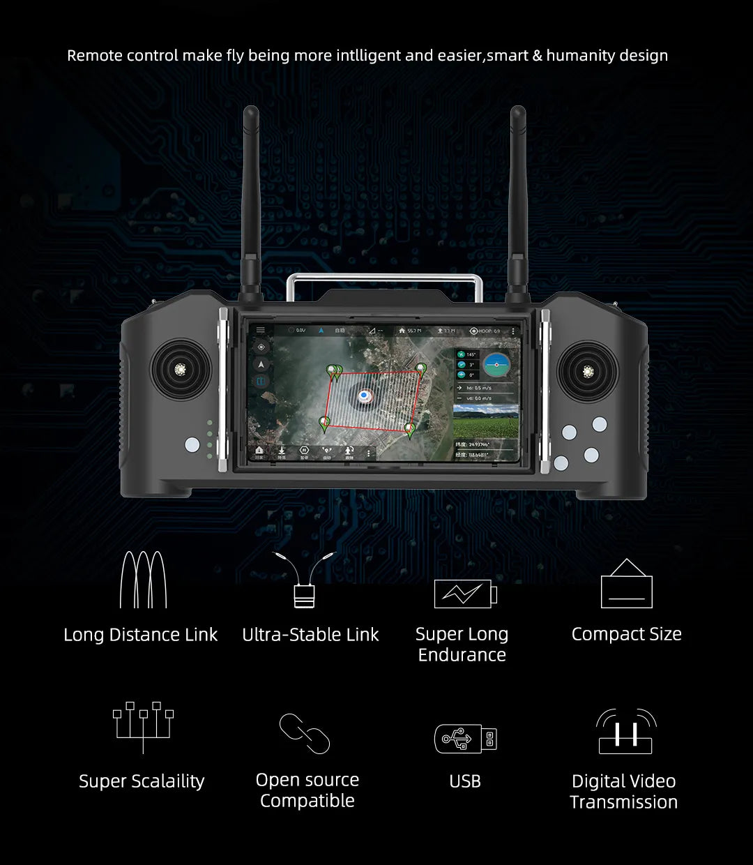 Skydroid SG12 Remote Controller, Smart remote controller with long-distance link, stability, compact design, and endurance for easy flight control.