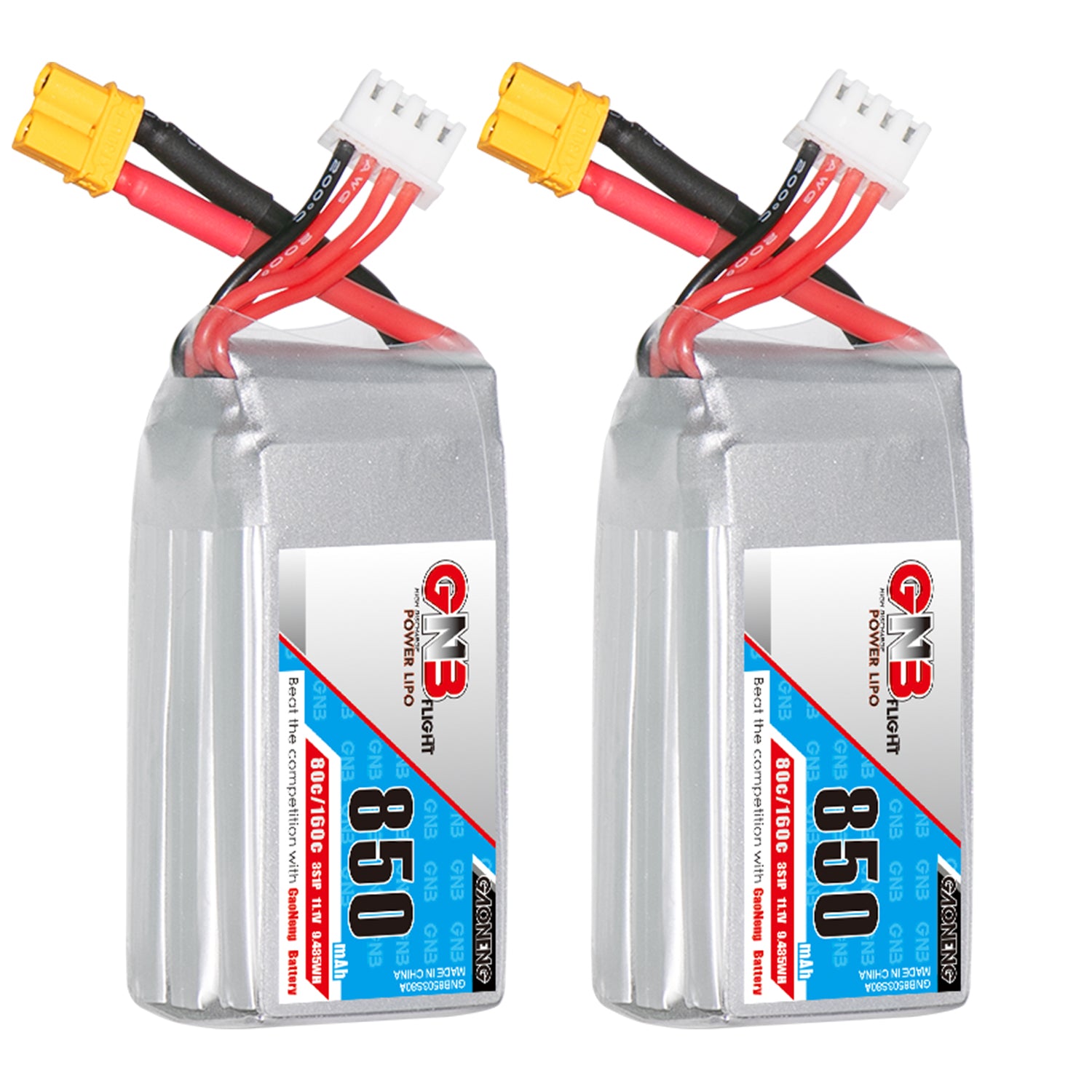 GAONENG GNB 850mAh 3S 11.1V 80C LiPo battery with XT30 plug and balance lead, two-pack