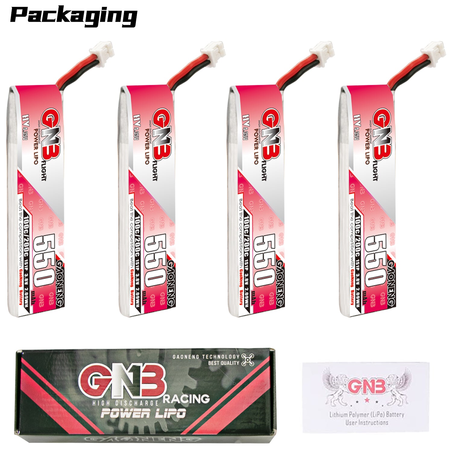 Packaging contents: 4x GNB 550 LiHV batteries plus GNB Racing Power LiPo box and manual