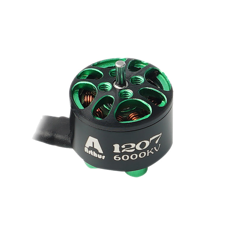 Flashhobby Arthur A1207 brushless DC motor with green vented top, exposed stator windings, and 1207 6000KV label