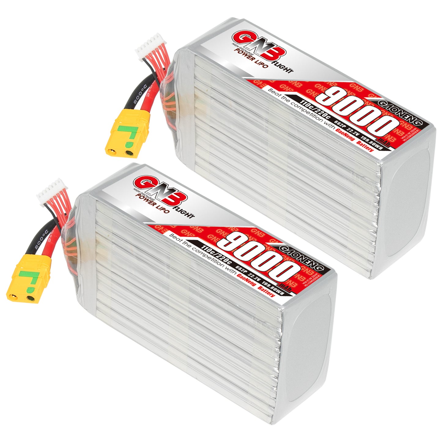 Two GAONENG GNB 9000mAh LiPo battery packs shown side by side with XT90S connectors