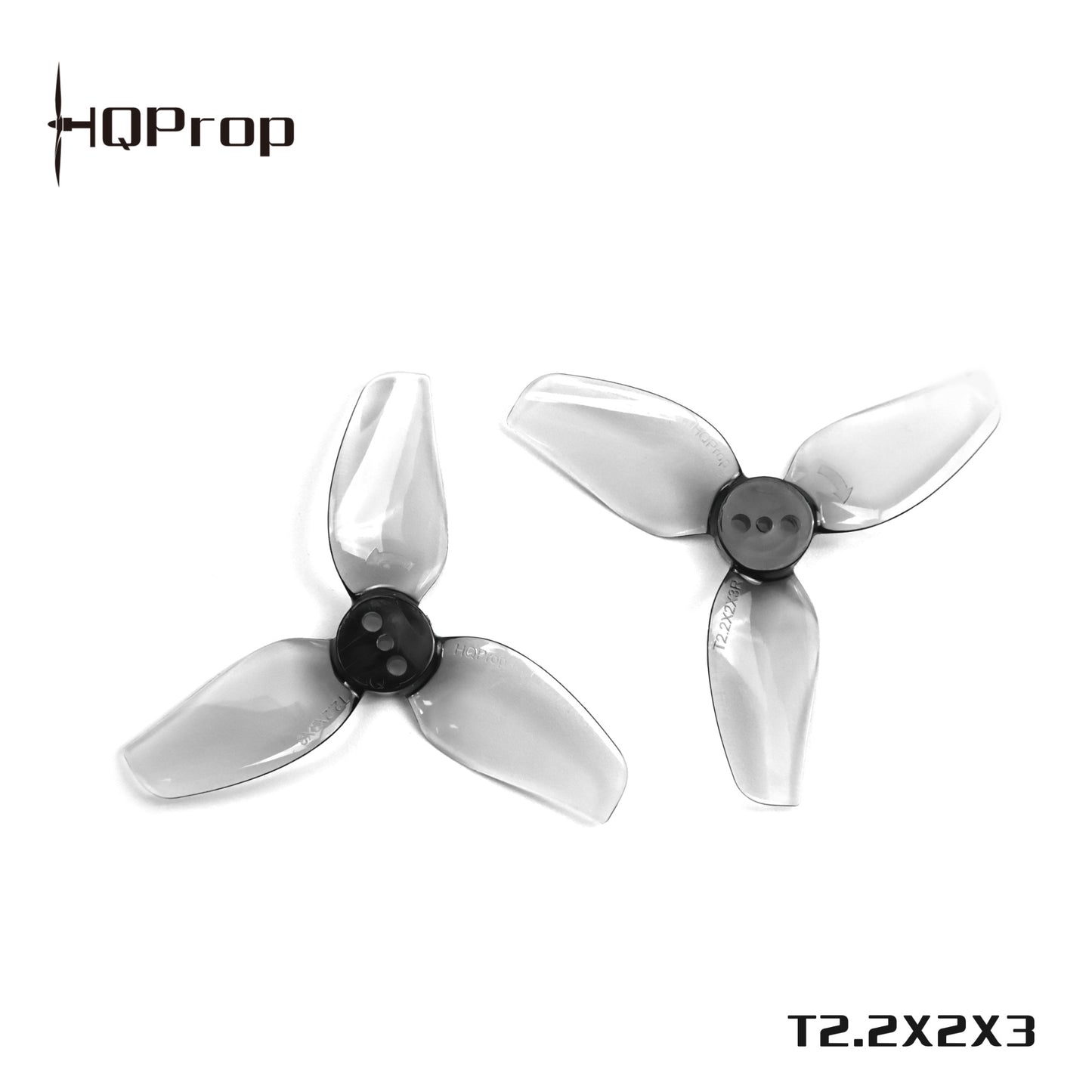 Two grey HQProp T2.2X2X3 three-blade propellers on white background with HQProp logo and model text