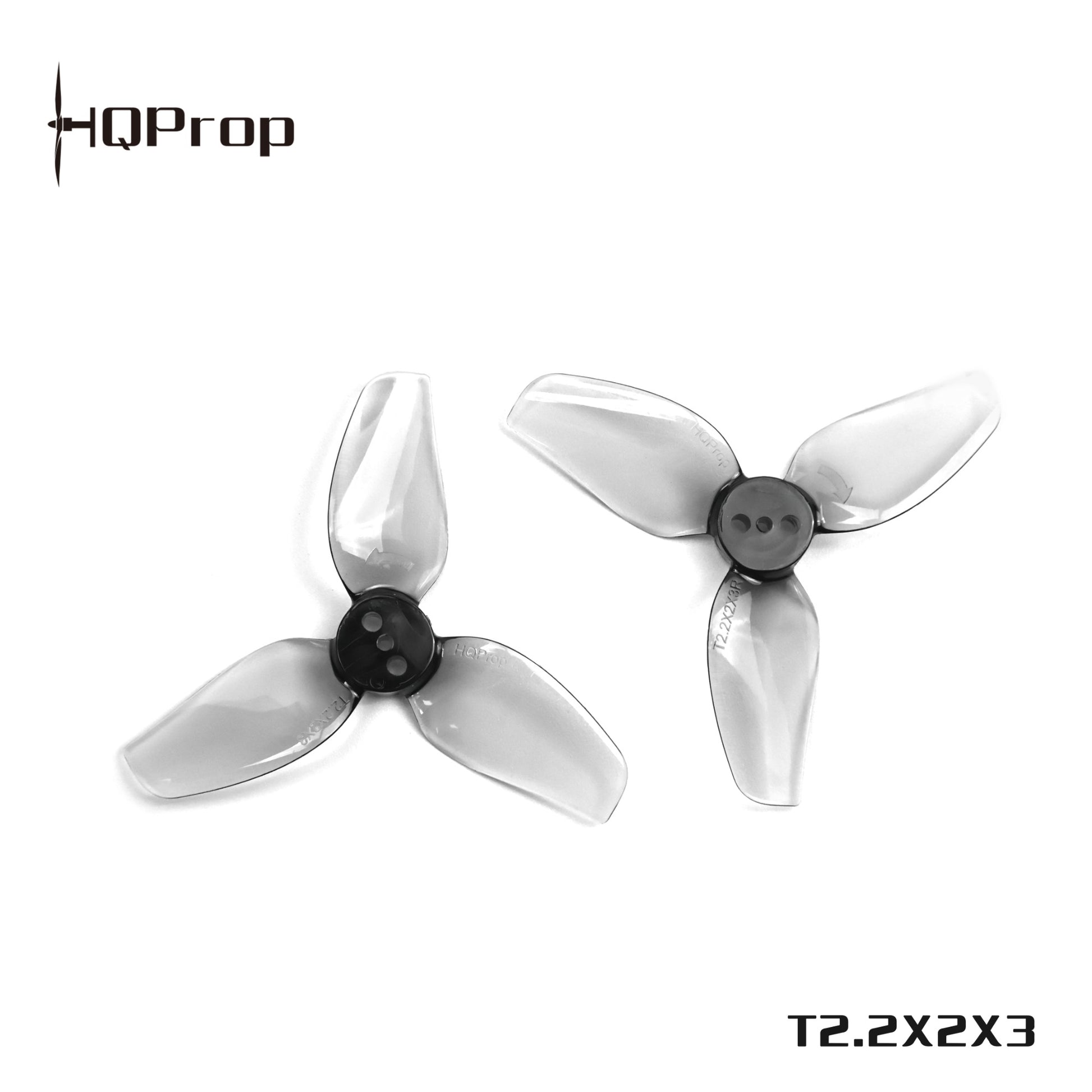Two grey HQProp T2.2X2X3 three-blade propellers on white background with HQProp logo and model text