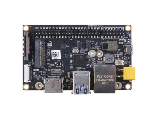 A203v2 carrier board supports Jetson Nano/Xavier NX/TX2 NX, features M.2, GbE, USB 3.0, HDMI, CSI, industrial temp range (-25–65°C), includes FLY_CORE FC-202GYDNL module.