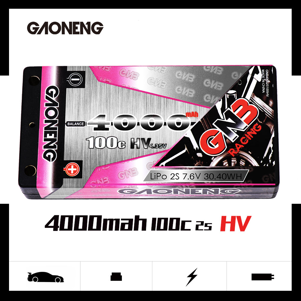 GAONENG GNB 2S 7.6V 4000mAh 100C LCG Shorty 4mm Bullet Hard Case LiPo Battery