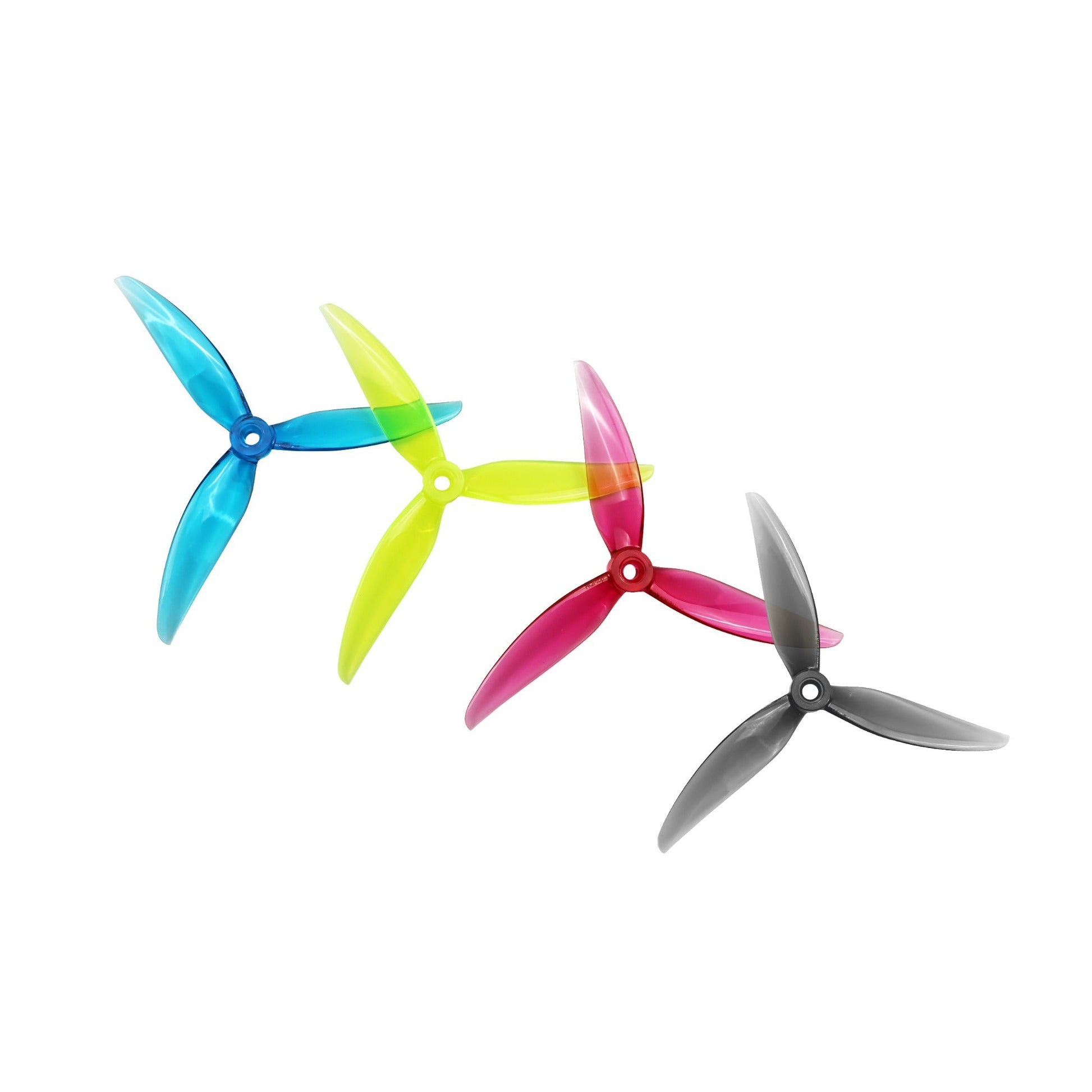 HQProp FlowerPig R29.5 5.1in 3-blade polycarbonate propellers set, four props in blue, yellow, pink, and gray