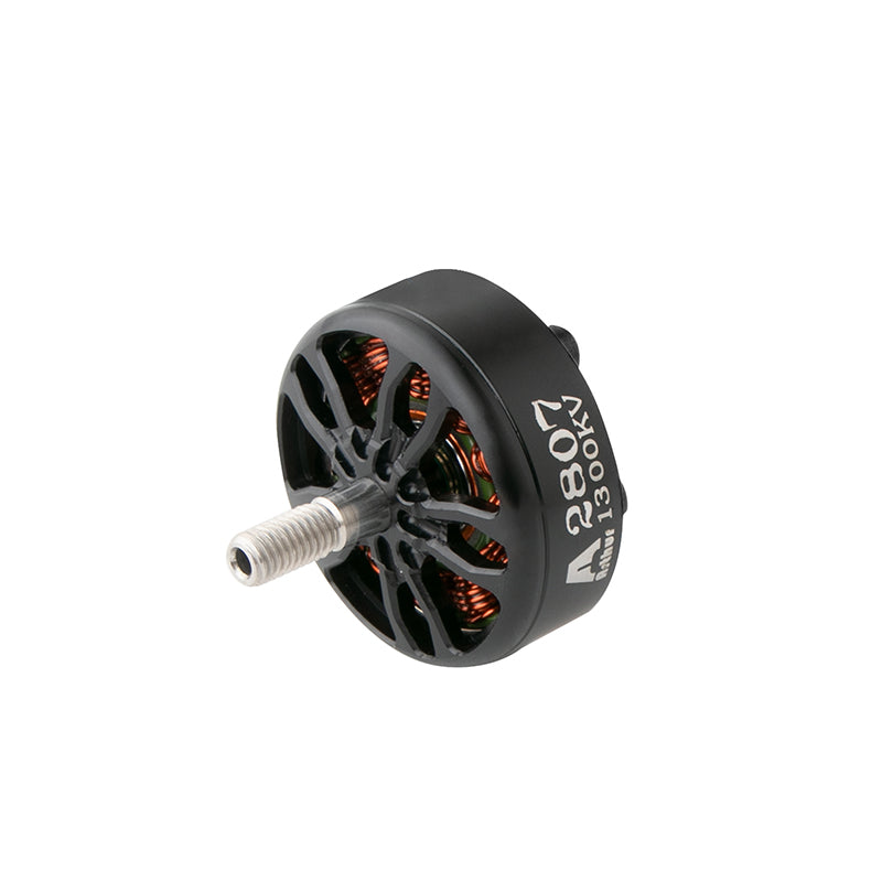 Flashhobby A2807 brushless FPV motor with black vented bell, visible copper windings, and threaded shaft