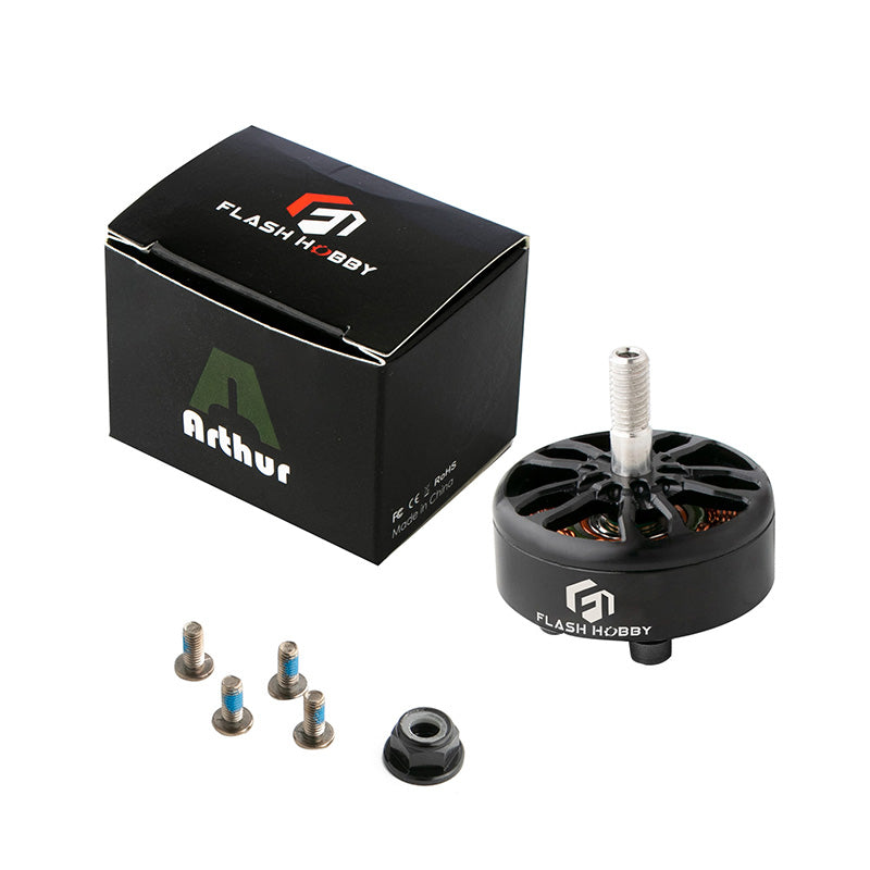 Flashhobby A2807 Brushless FPV Motor, Flashhobby Arthur A2807 brushless FPV motor with mounting screws, lock nut, and branded box