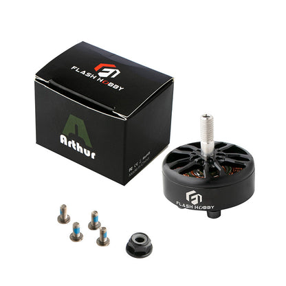 Flashhobby A2807 Brushless FPV Motor, Flashhobby Arthur A2807 brushless FPV motor with mounting screws, lock nut, and branded box