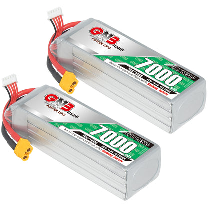 Two GAONENG GN3 7000mAh LiPo battery packs shown with XT60 plugs and balance connectors