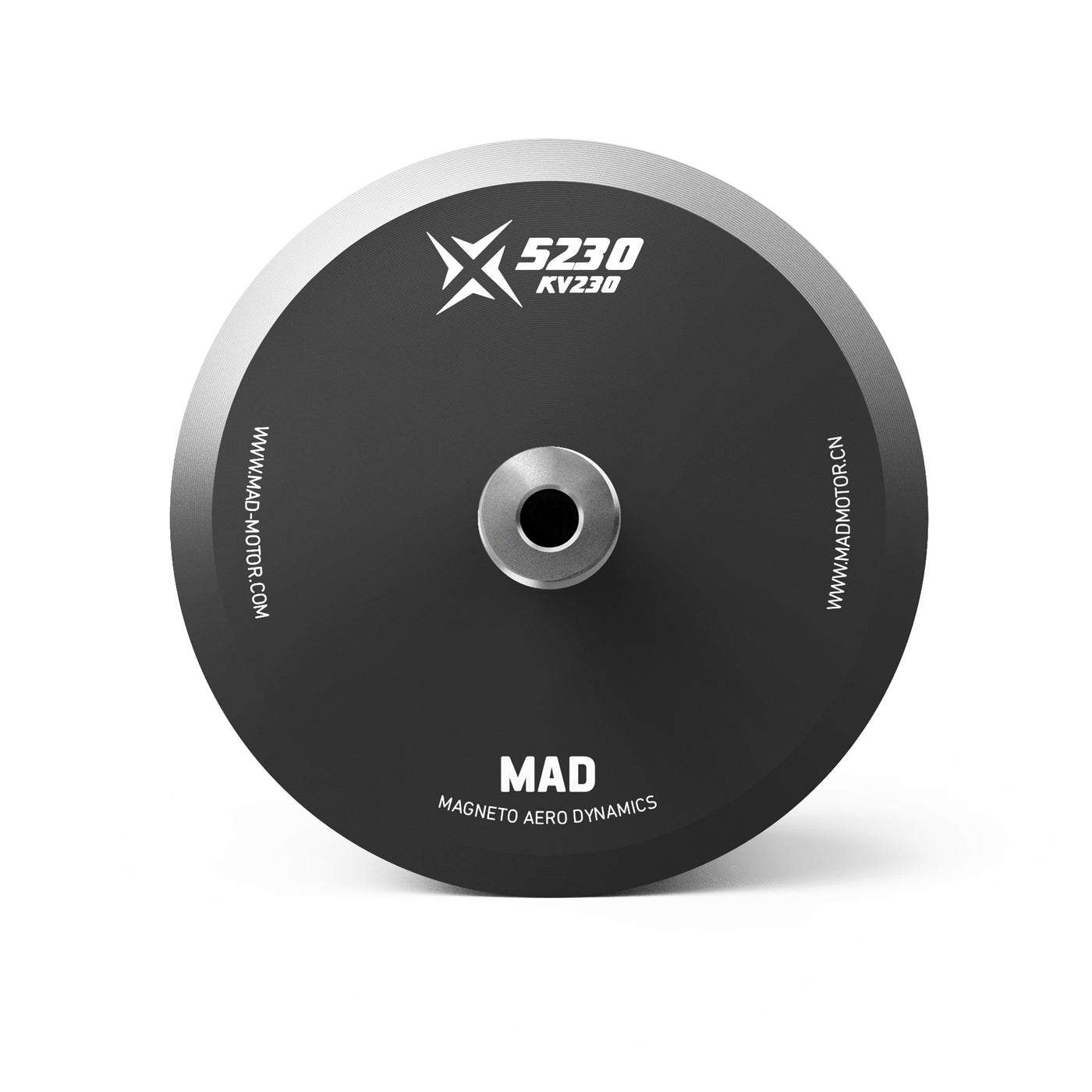 Top view of MAD X5230 KV230 brushless drone motor with central shaft hole and black end cap