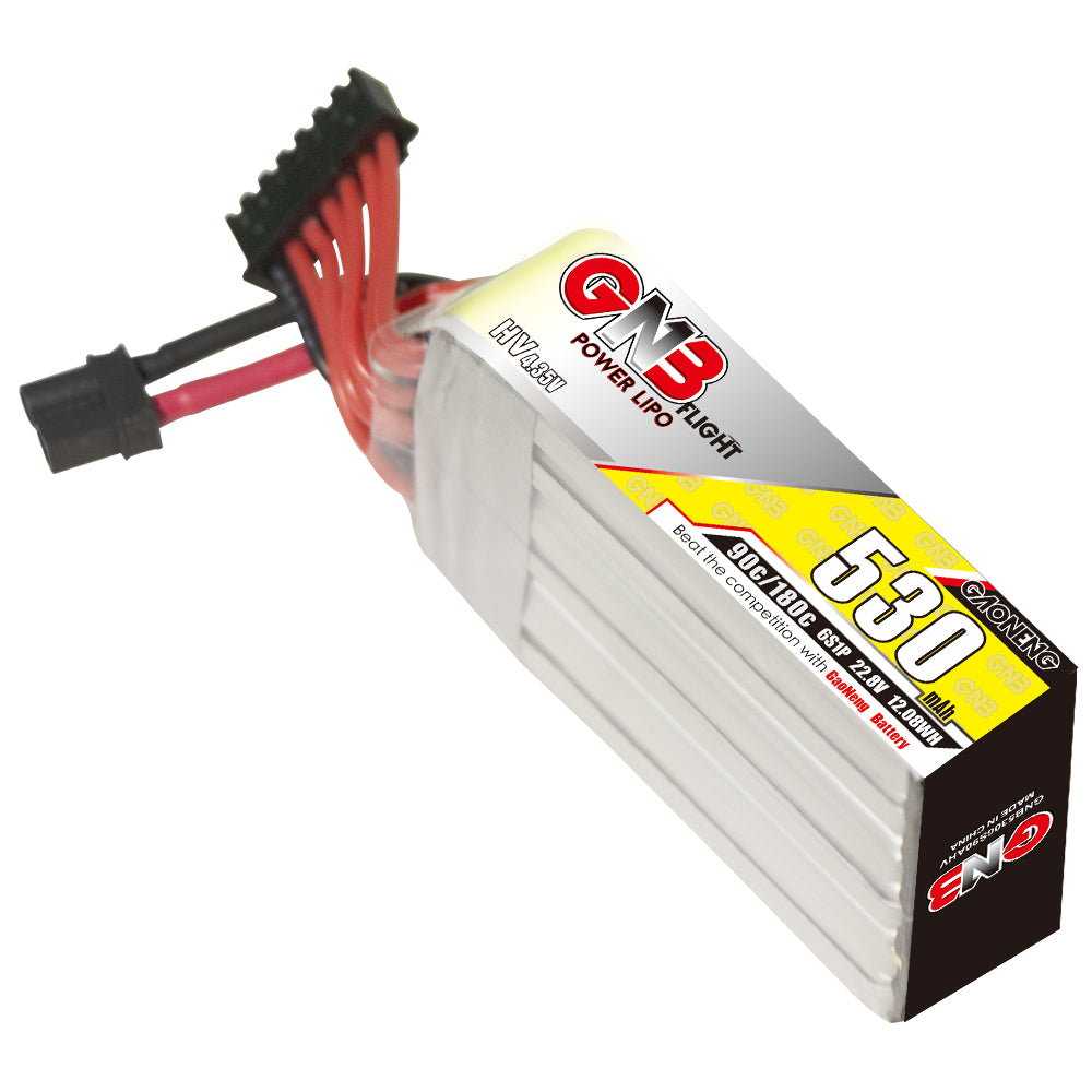 Angled view of GNB 530mAh 6S LiHV long battery showing XT30 plug and 6S balance connector