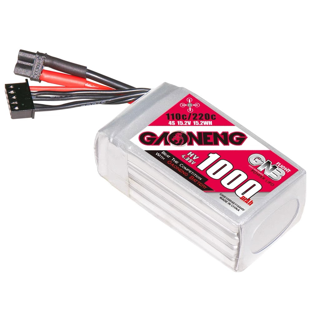 Single GAONENG 1000mAh 4S LiHV 15.2V battery angled view showing shrink wrap and leads