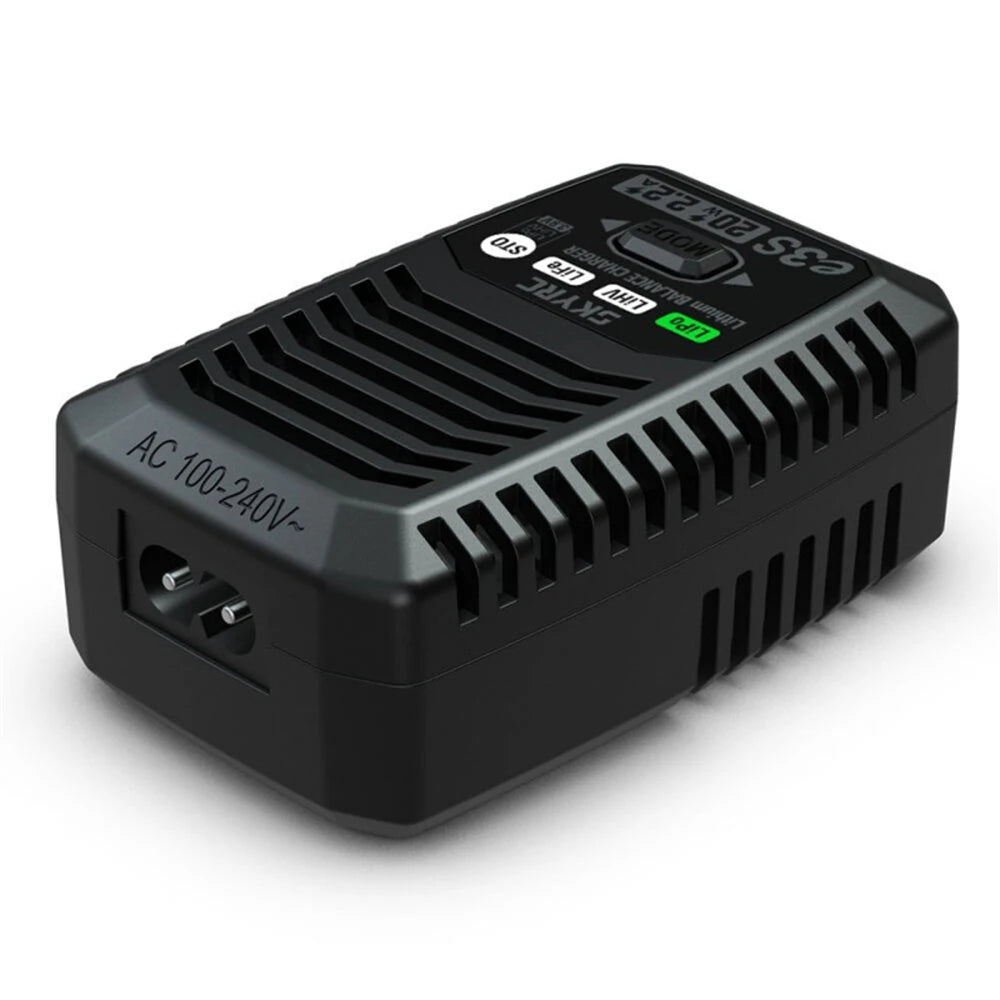 SkyRC E3S 20W 2.2A Lithium Balance Charger, SkyRC E3S compact lithium balance charger with LCD screen, control buttons, and AC 100–240V input port