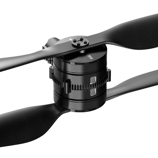 MAD 9X12-II Coaxial Drone Arm, MAD 9X12-II coaxial drone rotor module with carbon fiber propellers and central cylindrical motor housing