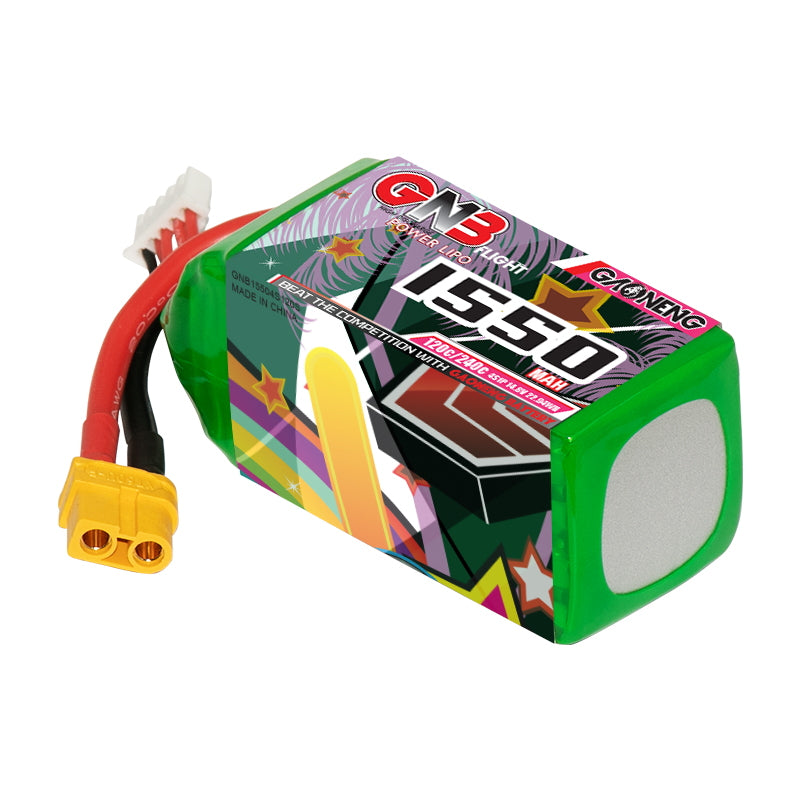 GNB 1550mAh LiPo battery angled view showing green shrink wrap end and XT60 connector lead