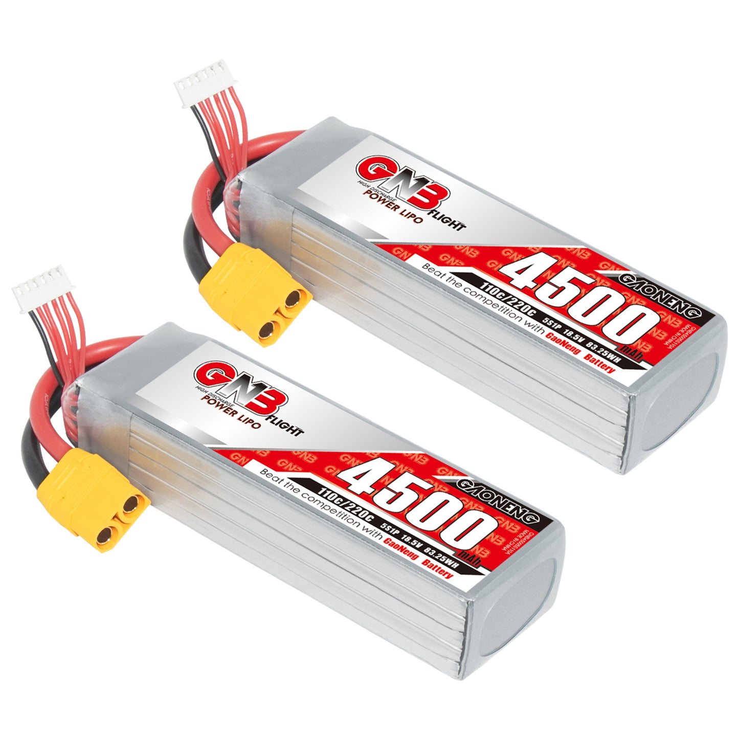 Two GAONENG GNB 5S 4500mAh 110C LiPo batteries with yellow XT90 connectors