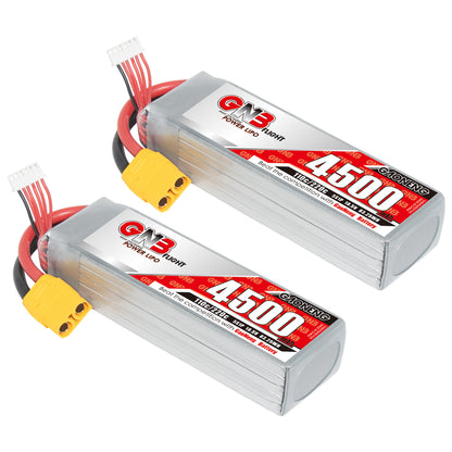 Two GAONENG GNB 5S 4500mAh 110C LiPo batteries with yellow XT90 connectors