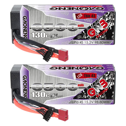GAONENG GNB 6500mAh 4S LiHV hard case LiPo battery shown from the front with T-PLUG lead