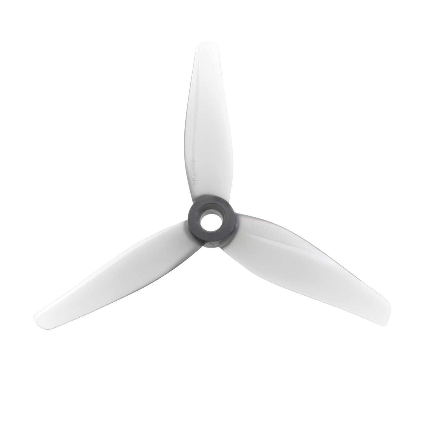 HQProp 3.5X2.8X3 grey polycarbonate tri-blade propeller, top view on white background
