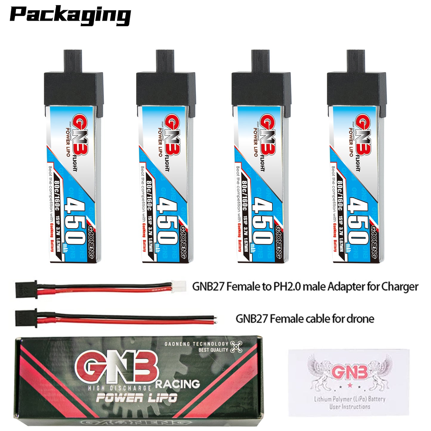 Packaging contents shown: four 450mAh batteries, GNB27-to-PH2.0 adapter, drone lead, box and manual