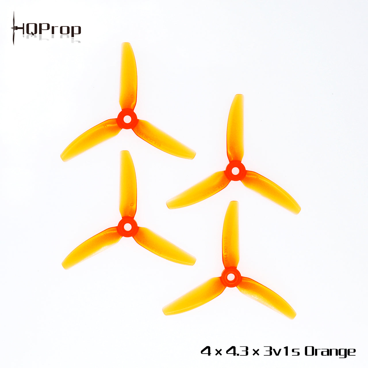 Orange HQProp 4x4.3x3V1S 3-blade propellers, four-piece set shown on white background