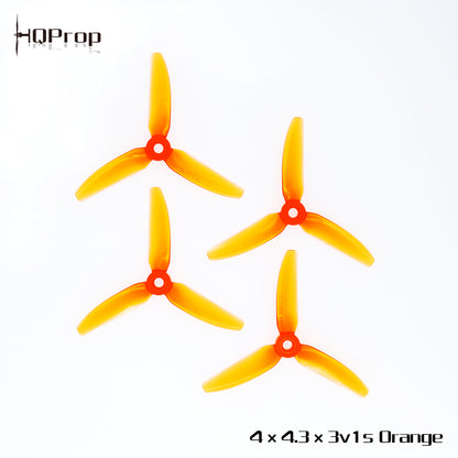 Orange HQProp 4x4.3x3V1S 3-blade propellers, four-piece set shown on white background