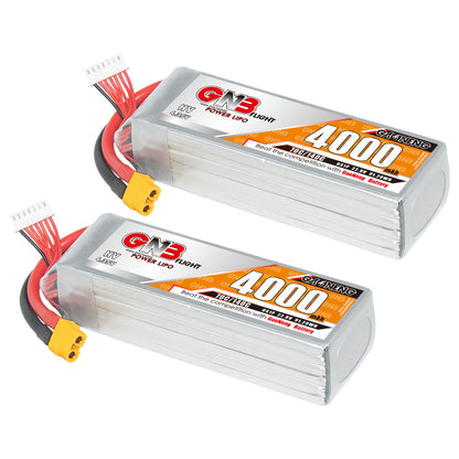 Two GNB 4000mAh LiHV battery packs shown side by side with XT60 leads and balance plugs
