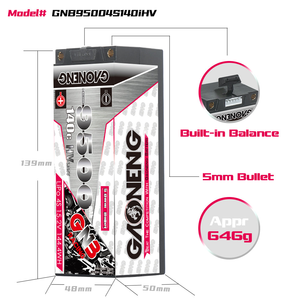 Battery size and features diagram: built-in balance lead, 5mm bullet, approx 646g, 139×50×48mm