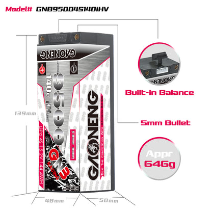 Battery size and features diagram: built-in balance lead, 5mm bullet, approx 646g, 139×50×48mm