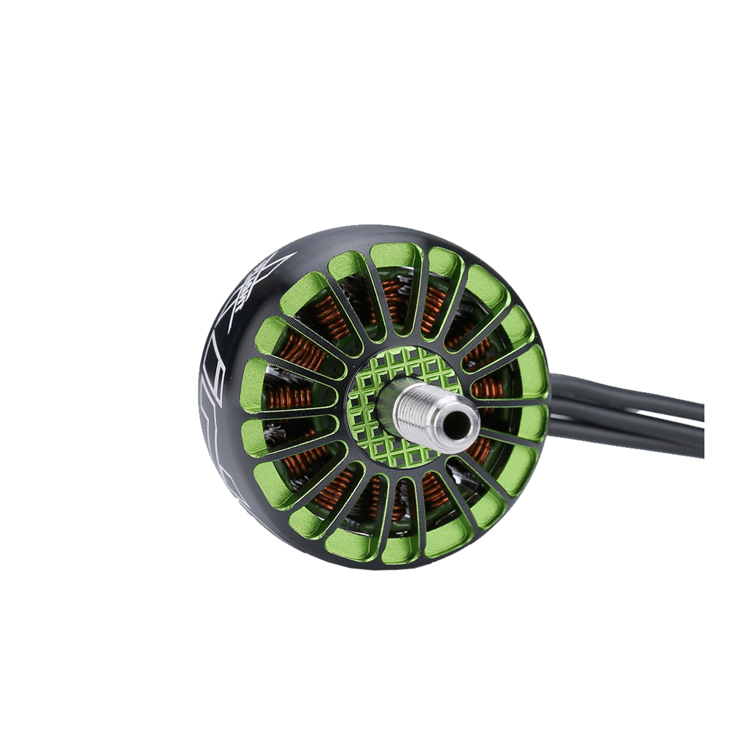 iFlight XING 2208 1800KV 3-6S FPV Motor, Close-up of iFlight XING 2208 FPV motor with green vented top, steel shaft, and attached wires