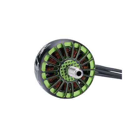 iFlight XING 2208 1800KV 3-6S FPV Motor, Close-up of iFlight XING 2208 FPV motor with green vented top, steel shaft, and attached wires