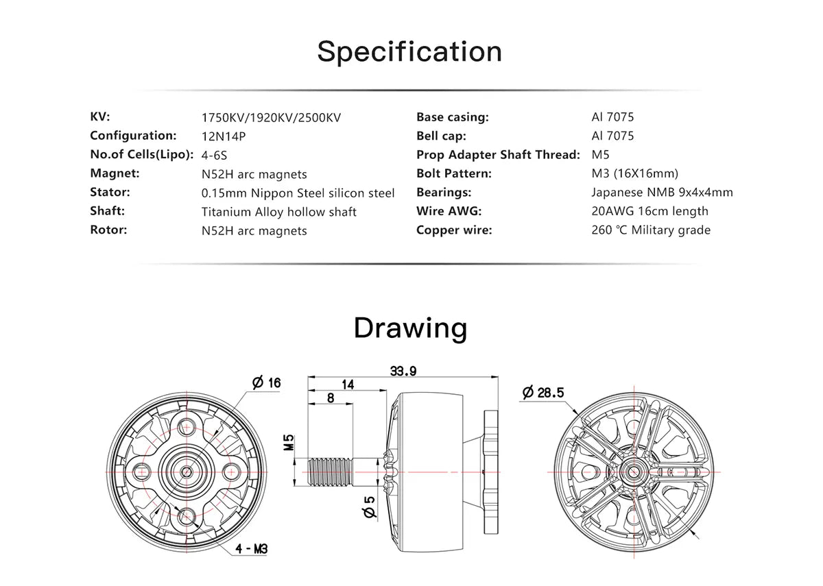 BrotherHobby GOM 2207.5 Motor, Specification KV: 1750KV/1920kv/25ookv Base