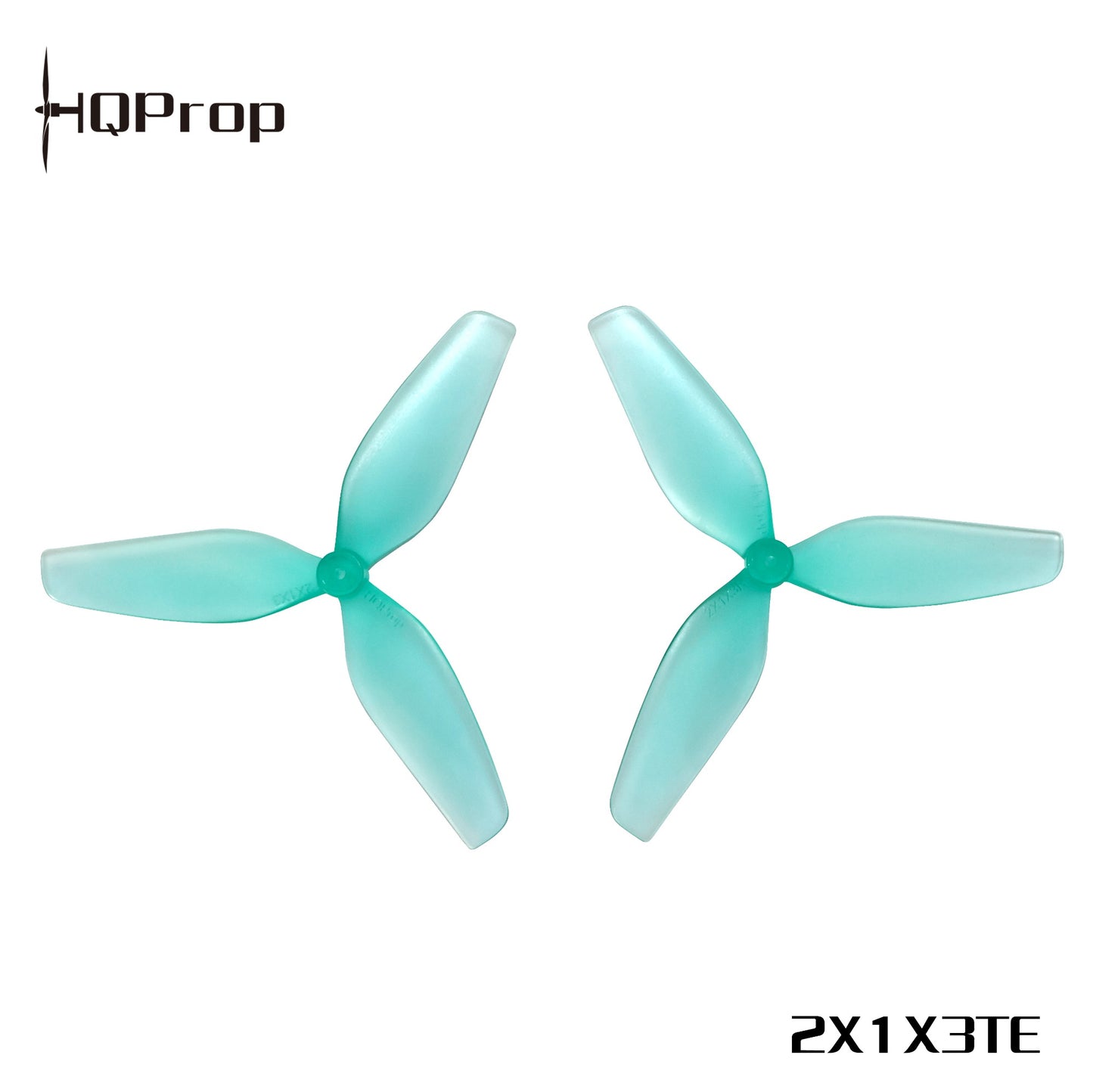Turquoise 3-blade drone propeller pair with HQProp logo and model marking 2X1X3TE
