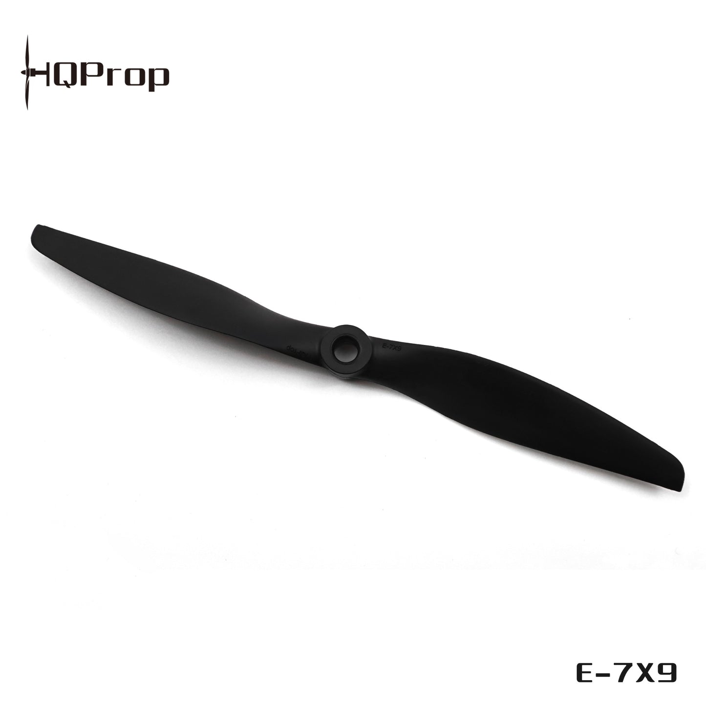 HQProp E-7X9 marking shown on black 2-blade prop, thin electric propeller style