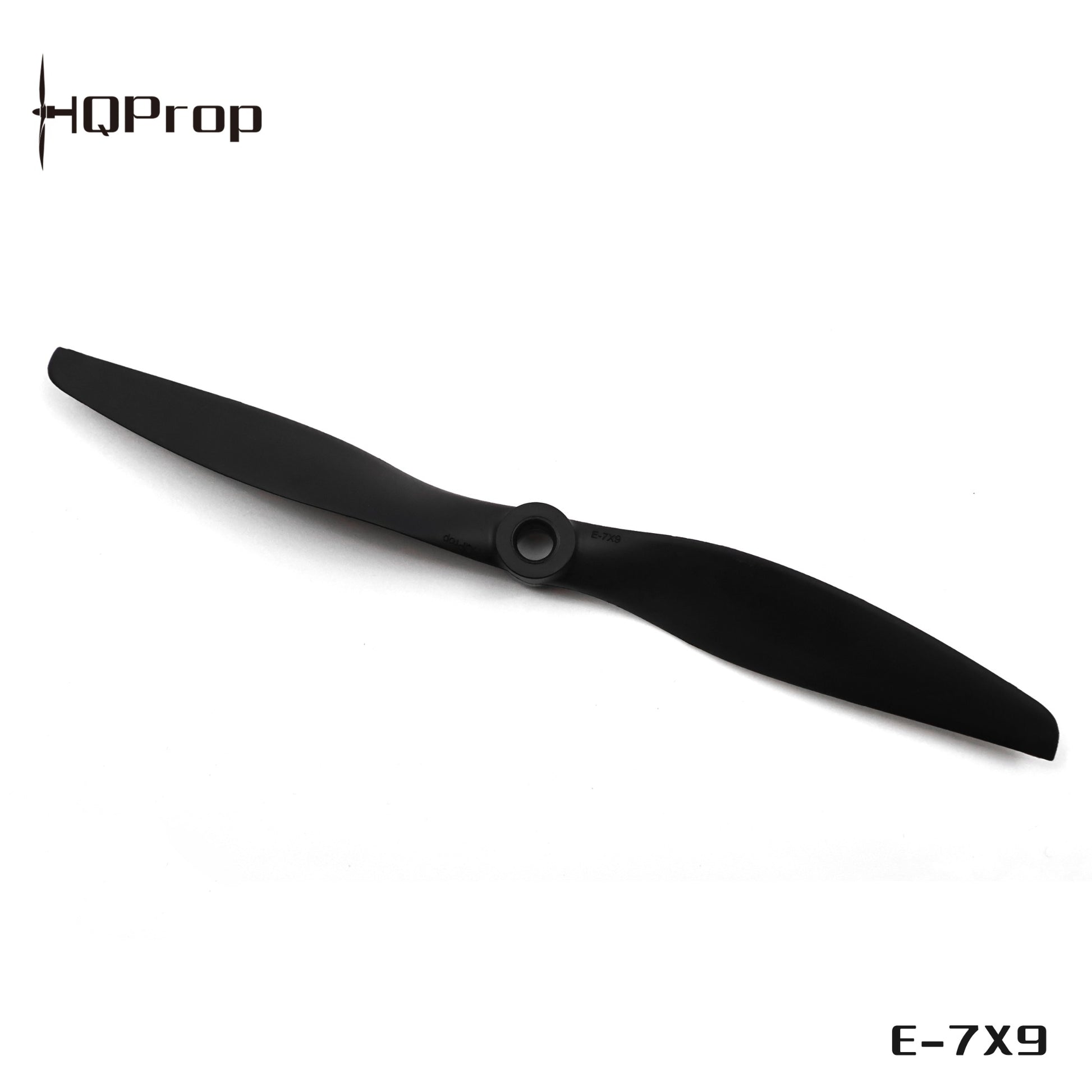 HQProp E-7X9 marking shown on black 2-blade prop, thin electric propeller style