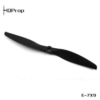 HQProp E-7X9 marking shown on black 2-blade prop, thin electric propeller style